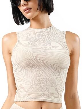 I.AM.GIA Sheer Mesh Abstract Print BURNOUT, Amina Top Beige S Y2K